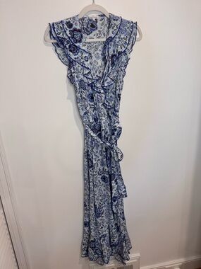 Poupette St. Barth Blue Paisley Wrap Maxi with Ruffle Trim